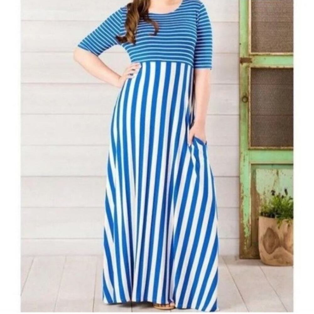 Matilda Jane Women’s The Road Ahead Blue and White Striped Maxi Dress Medium - Picture 1 of 13